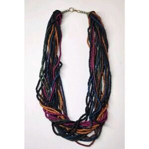 VTG Multi Strand Colorful Wood Bead Silver Chunky Bold Necklace Boho Earthy Bold